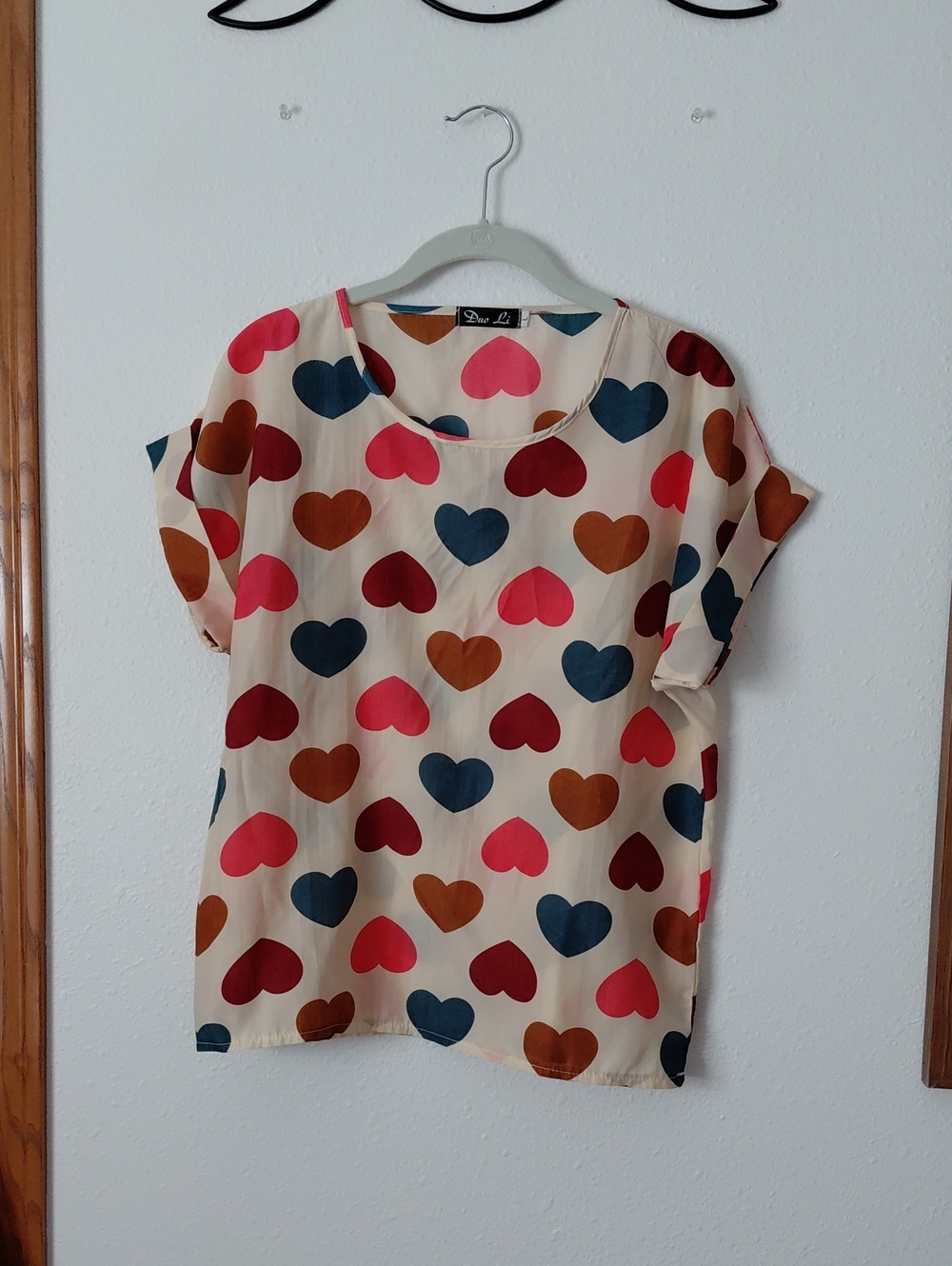 Heart Print Short Sleeve Blouse in Cream, Navy, Coral & Brown